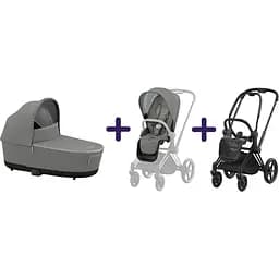 Люлька Cybex Priam Lux Conscious Collection Pearl Grey + Текстиль для прогулянкового блоку Cybex Priam Conscious Collection Pearl Grey + Шасі Cybex Priam з каркасом LS RBA Matt Black