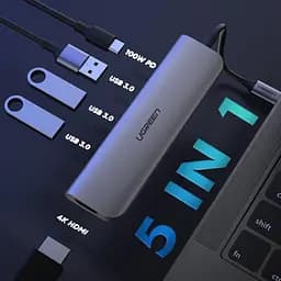 Конвертор сигнала Ugreen CM136 Type-C-HDMI, 3xUsb 3.0, Type-C PD (70495) Space Gray - мініатюра 2