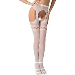 Еротичні колготки-бодістокінг Passion S013 white імітація високих ажурних панчох та поясів S/M/L