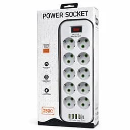 Мережевий фільтр-подовжувач Power Socket D-10, 10x220V-2500W, 4xUSB, 1xType-C PD