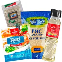 Набор для приготовления суши: Водоросли Akura Нори 5 листов 14 г + Рис Royal Tiger 300 г + Уксус Akura 3% 100 мл + Коврик бамбуковый Royal Tiger Макису
