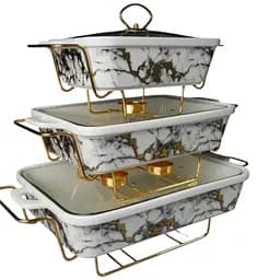 Набор из 3-х мармитов керамических прямоугольных Kitchen с крышками из стекла Бело Золотистый