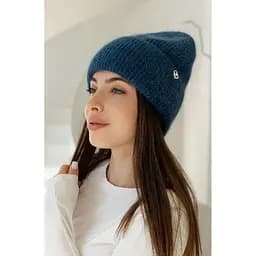 Теплая женская шапка Ангора Сердечко с флисовой подкладкой Синий