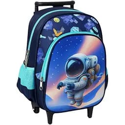 Рюкзак на колесах із висувною ручкою N899, має два відділення, з принтом космонавта, синій