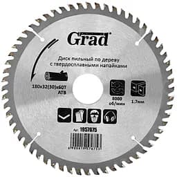 Диск пилковий по дереву Grad з твердосплавними напайками Ø180×32 (30)×60Т 8000 об/хв (1957675)