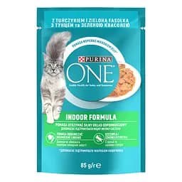 Вологий корм для котів що постійно перебувають у приміщенні Purina One Indoor з тунцем та зеленою квасолею шматочки в соусі 85 г (12455701)