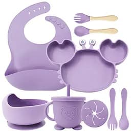 Набір дитячого силіконового посуду для першого прикорму на присосках 9 предметів Краб Purple (18976)