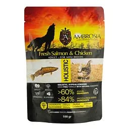 Сухий корм Ambrosia Grain Free для дорослих собак малих порід зі свіжою куркою та лососем 100 г