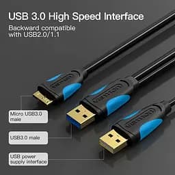 Кабель Vention USB3.0 A Male to Micro B Male Hard Disk Cable with USB2.0 Male 1M Black (VAS-A62-B100) - мініатюра 3