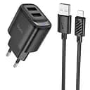 МЗП Hoco C141A Smart 2.1A (2USB-A) + кабель USB to Lightning Black