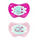 Пустышка Nip Ночной сон № 2 Птичка и Планета, силиконовая, 16-32 мес., 2 шт., малиновый с розовым (313118)