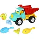 Песочный набор KZ 6437-2 яркий самосвал с лопаткой, граблями и формочками для игр на улице.