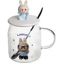 Чашка скляна Yiwu Labubu 600 мл з ложкою і порцеляновою кришкою блакитний Yiwu FM-56D