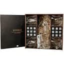 Подарунковий набір Whiskey Stones камені для віскі в дерев'яному пеналі №8 + декантер і 4 склянки Bohemia Quadro + щипці + мішечок