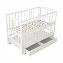 Детская кроватка Ангелина с откидной боковиной, шарнир-подшипником и ящиком бук белый