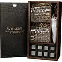 Подарочный набор Whiskey Stones камни для виски в деревянном пенале 8 шт. + 2 стакана Bohemia Diamond + щипцы + мешочек
