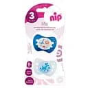 Пустышка Nip Чудесная жизнь № 3, силиконовая, 16-32 мес., 2 шт., синий с белым (31303)