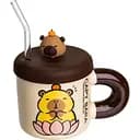 Чашка фарфоровая Капибара на кувшинке 400 мл с крышкой и трубочкой FM-27B