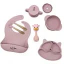 Набор детской силиконовой посуды Cheeks для прикорма на присосках из пищевого силикона нежно розовый с грызунком прорезывателем-погремушкой  Жираф