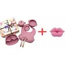 Набор детской силиконовой посуды Cheeks для прикорма на присосках темно розовый + Силиконовая соска, ортодонтическая губки для новорожденных Розовая