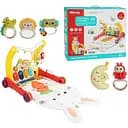 Дитячі ходунки-каталка трансформер з килимком у вигляді зайчика з брязкальцями, червоного кольору