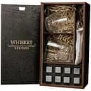Подарунковий набір Whiskey Stones камені для віскі у дерев'яному пеналі 8 шт. + 2 склянки Bormioli Rocco Dedalo + щипці + мішечок