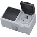 Розетка Horoz Electric Atom, 1-я накладная с заземлением, с крышкой, с 1-м выключателем, черно-серая