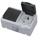 Розетка Horoz Electric Atom, 1-на накладная с заземлением, с крышкой, с 2-м выключателем, черно-серая