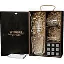 Подарунковий набір Whiskey Stones камені для віскі в дерев'яному пеналі №7 + декантер і 2 склянки Rocco Dedalo + щипці + мішечок