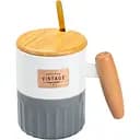 Чашка керамічна Happy Life Vintage з бамбуковою кришкою і сіра ложкою з білим 400 мл HP7204G