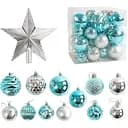 Набір новорічних прикрас 30 кульок з верхівкоюзірочкою у наборі, сріблястого та блакитного кольору (160775)