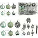 Новорічні прикраси з глітером зеленого кольору, набір з кульок, бурульок, подарунків та ялинок 72 шт (160778)