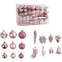 Новорічні прикраси з глітером рожевого кольору, набір з кульок, бурульок, подарунків та ялинок 72 шт (160777)