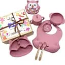 Набор детской силиконовой посуды Cheeks для прикорма на присосках из пищевого силикона темно розовый с грызунком прорезывателем-погремушкой 