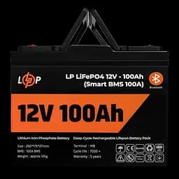 Акумулятор LP LiFePO4 12V (12,8V) - 100 Ah (1280Wh) (Smart BMS 100А) з BT пластик для ДБЖ - мініатюра 2
