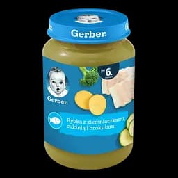 Набір пюре Gerber : овоче - м'ясне від 7 міс зі шматочками Овочі з куркою 190 г + овоче-м'ясне від 7місюВесняний суп зі шматочками овочів, індичкою та кропом 190 г + рибно-овочеве від 6 міс Риба з картоплею, цукіні та броколі 190 г - мініатюра 4